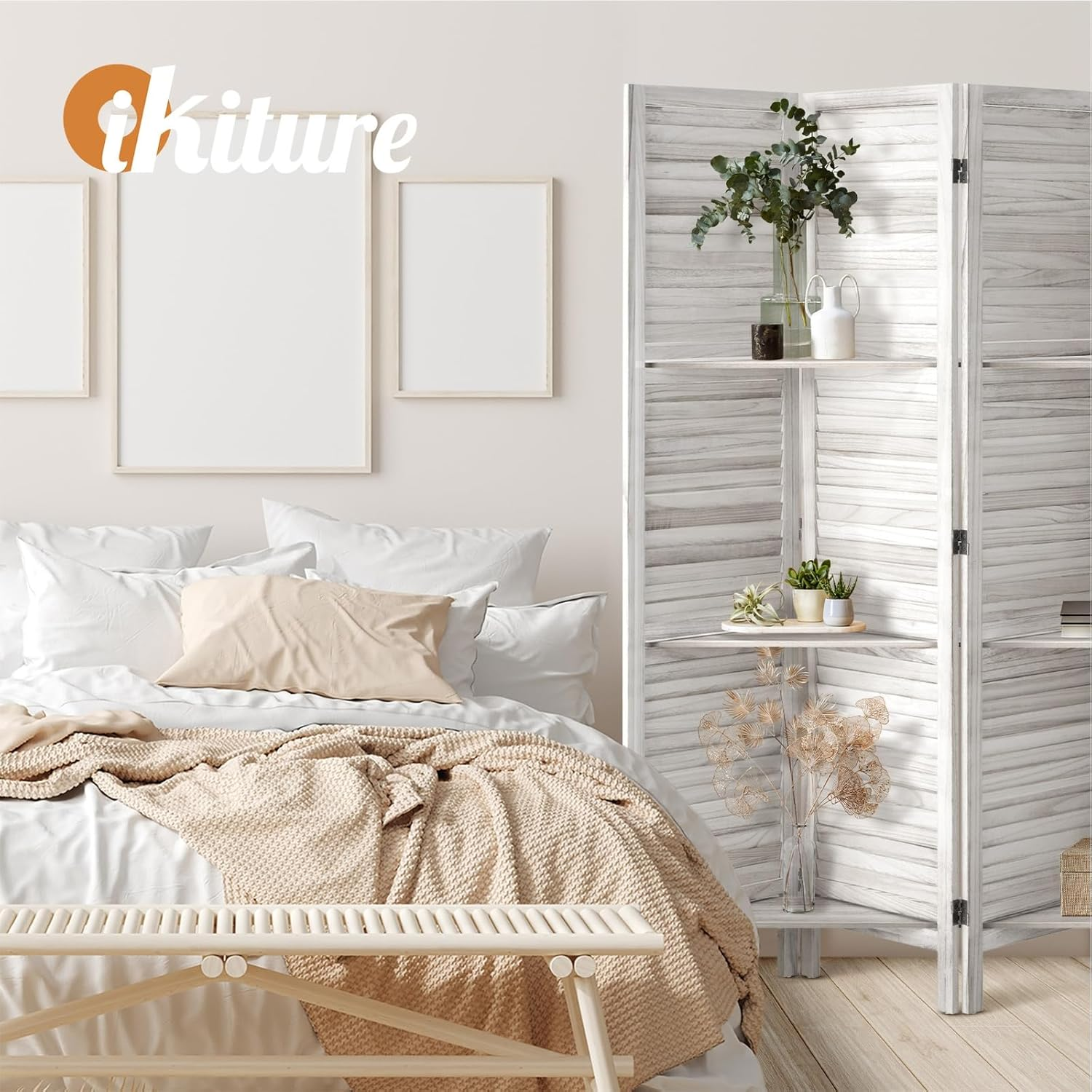Oikiture Room Divider 4 Panel Privacy Portable Screen with Display Shelves White image number 4