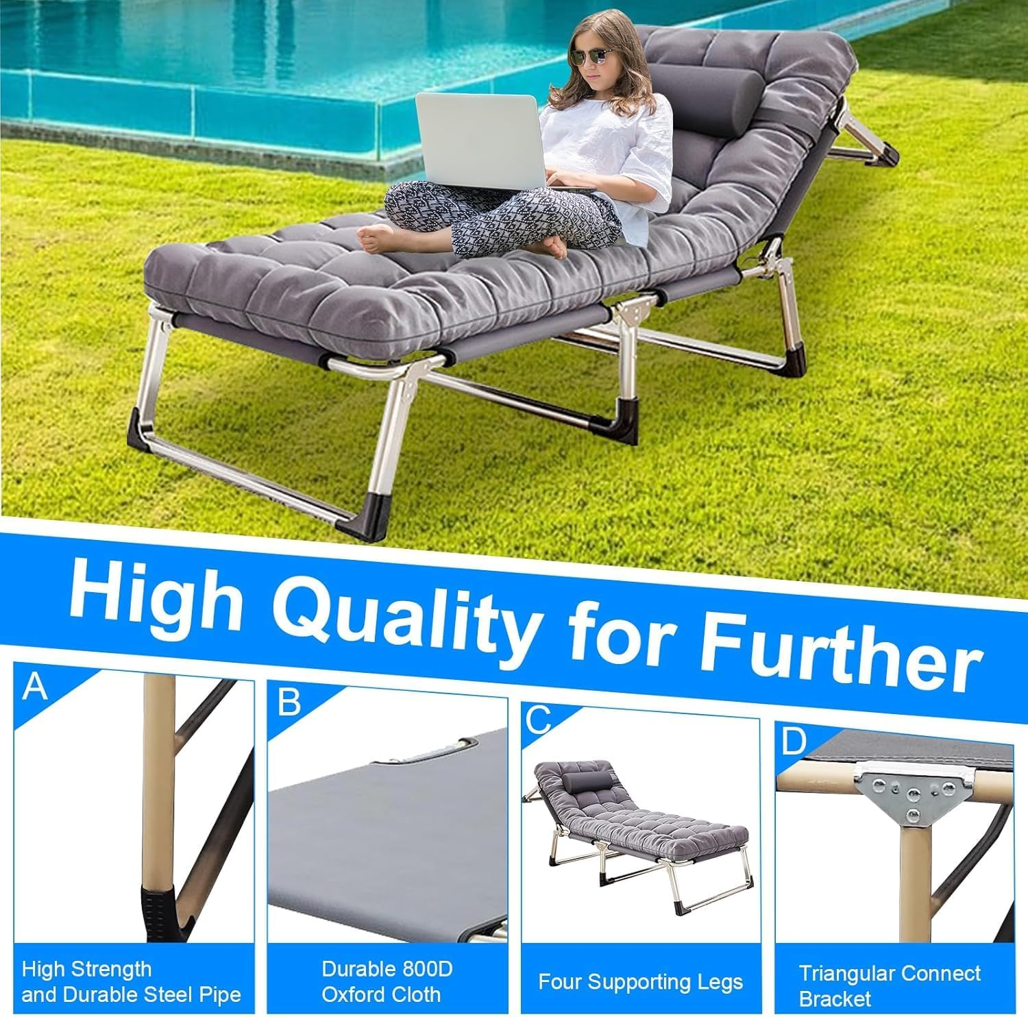 Folding Camping Cot W/Mat for Adults, Heavy Duty Outdoor Camping Bed Travel Camp Cots Camping Loungers, 5-Position Adjustable Backrest, Lightweight Tent Cot for Home Office Beach Garden image number 4