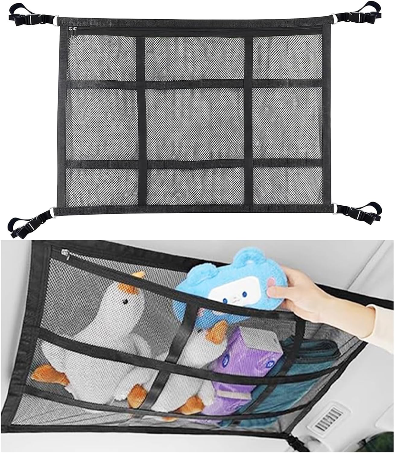 Car Roof Cargo Net Storage Organizer Black 78X53Cm SUV Ceiling Cargo Net Pocket with Adjustable Dual Pockets Fast-Release Buckles Double Zippers for Camping Family Trips image number 5