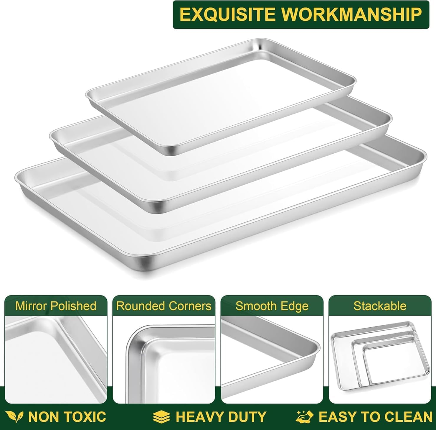 LH-3 Piece Baking Sheet Set, Stainless Steel Cookie Sheet Baking Sheet, 9/12/16 Inch, Non-Toxic & Heavy Duty & Easy to Clean 16 * 12 * 9 Silver image number 5