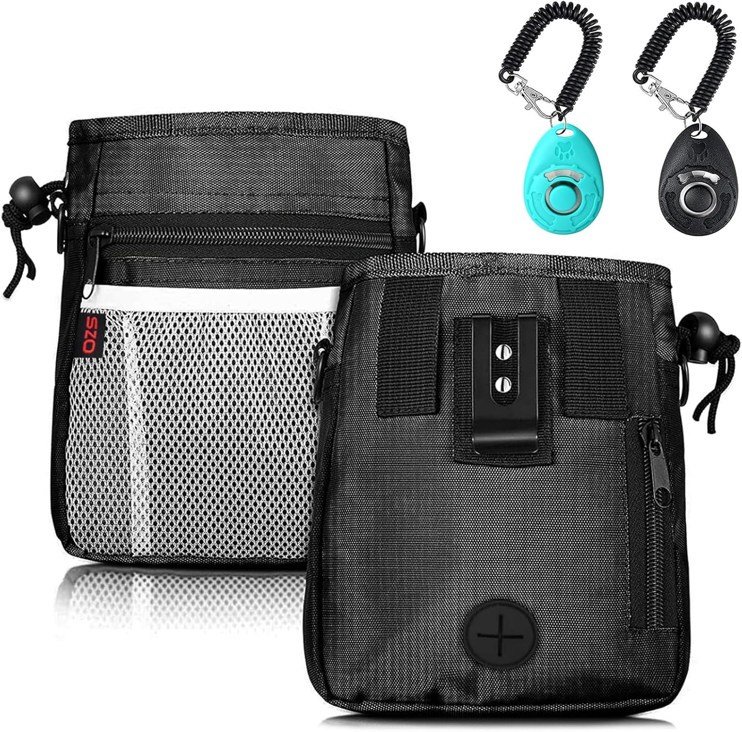 SZO Dog Treat Pouch - 3 Ways to Wear, 2-Piece Clicker Training Kit, High-Capacity, Multi-Function, Premium Nylon, Paws Pattern