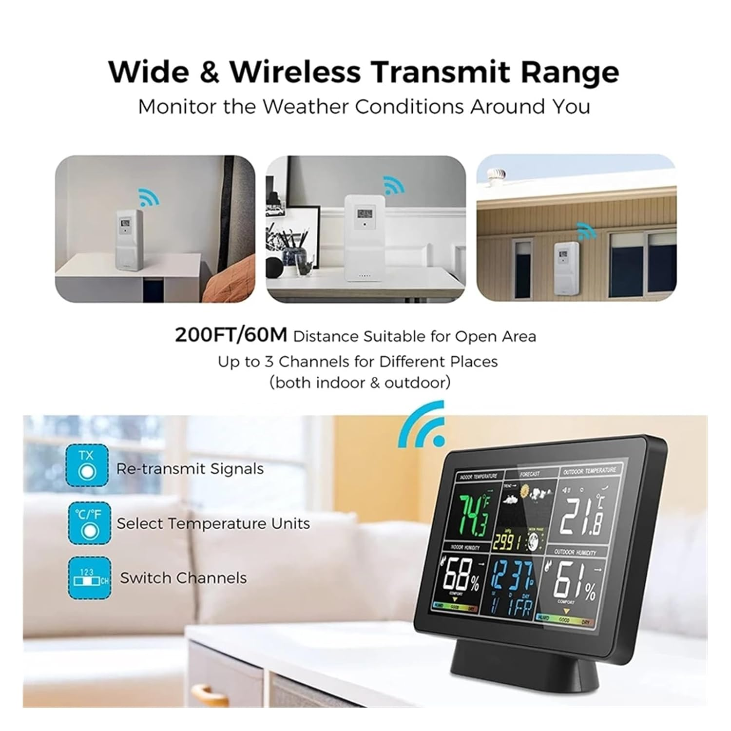 7.5" Color LCD Wireless Weather Forecast Station Digital Thermometer Hygrometer Trend Barometer Moon Phase Alarm Clock Calendar image number 3