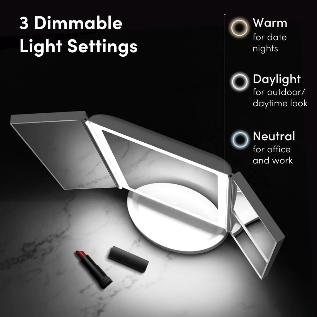 Fancii LED Lighted Makeup Mirror, Rechargeable Vanity Trifold Mirror with 5X & 10X Magnifications - 68 Dimmable Natural Lights, Touch Screen, Best Adjustable Make up Mirror with Cosmetic Stand, Tria 2 image number 3