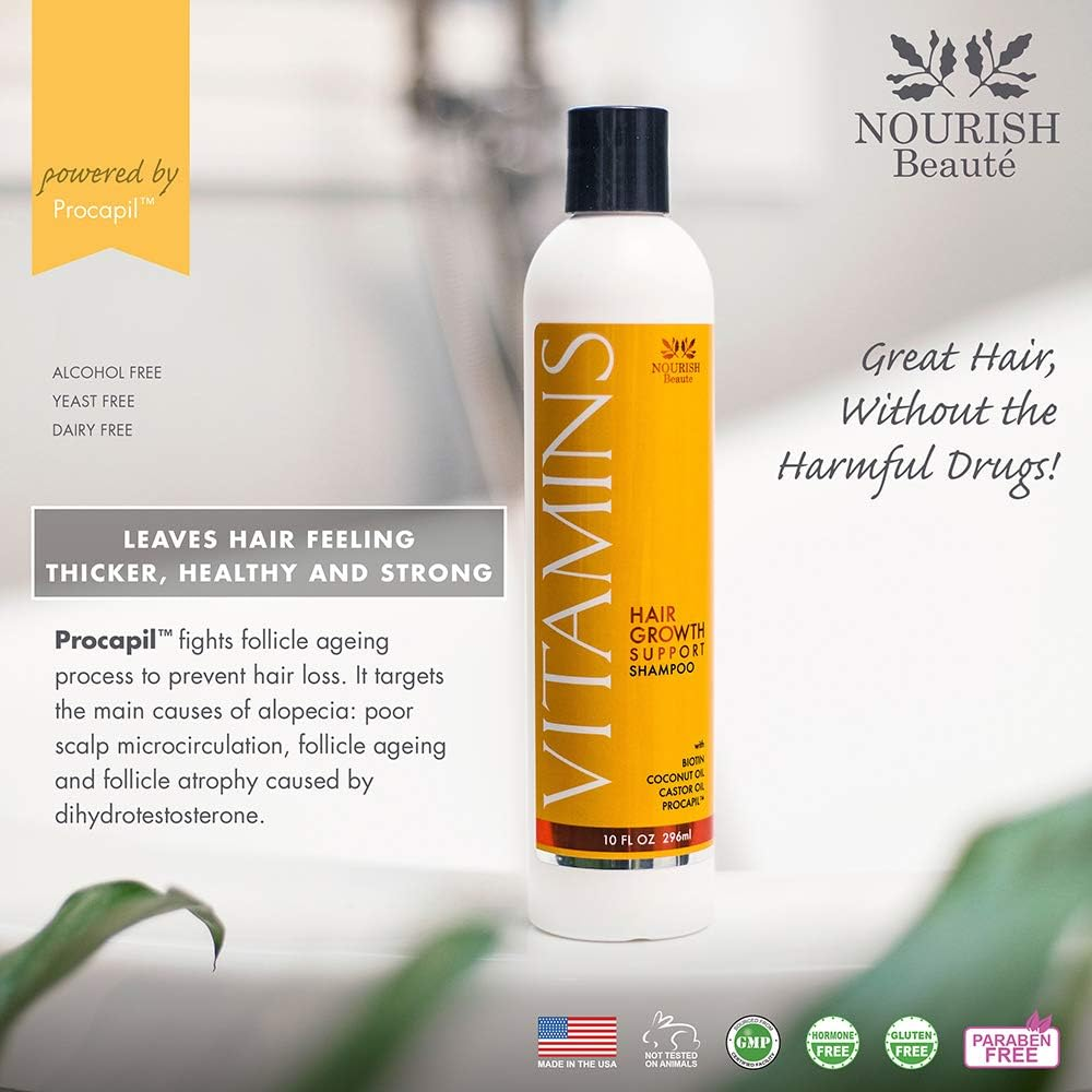 Nourish Beaute Vitamins Shampoo for Hair Loss That Promotes Hair Regrowth, Volume and Thickening with Biotin, DHT Blockers, Antioxidants, Oils and Extracts, for Men and Women, 1 10 Ounce