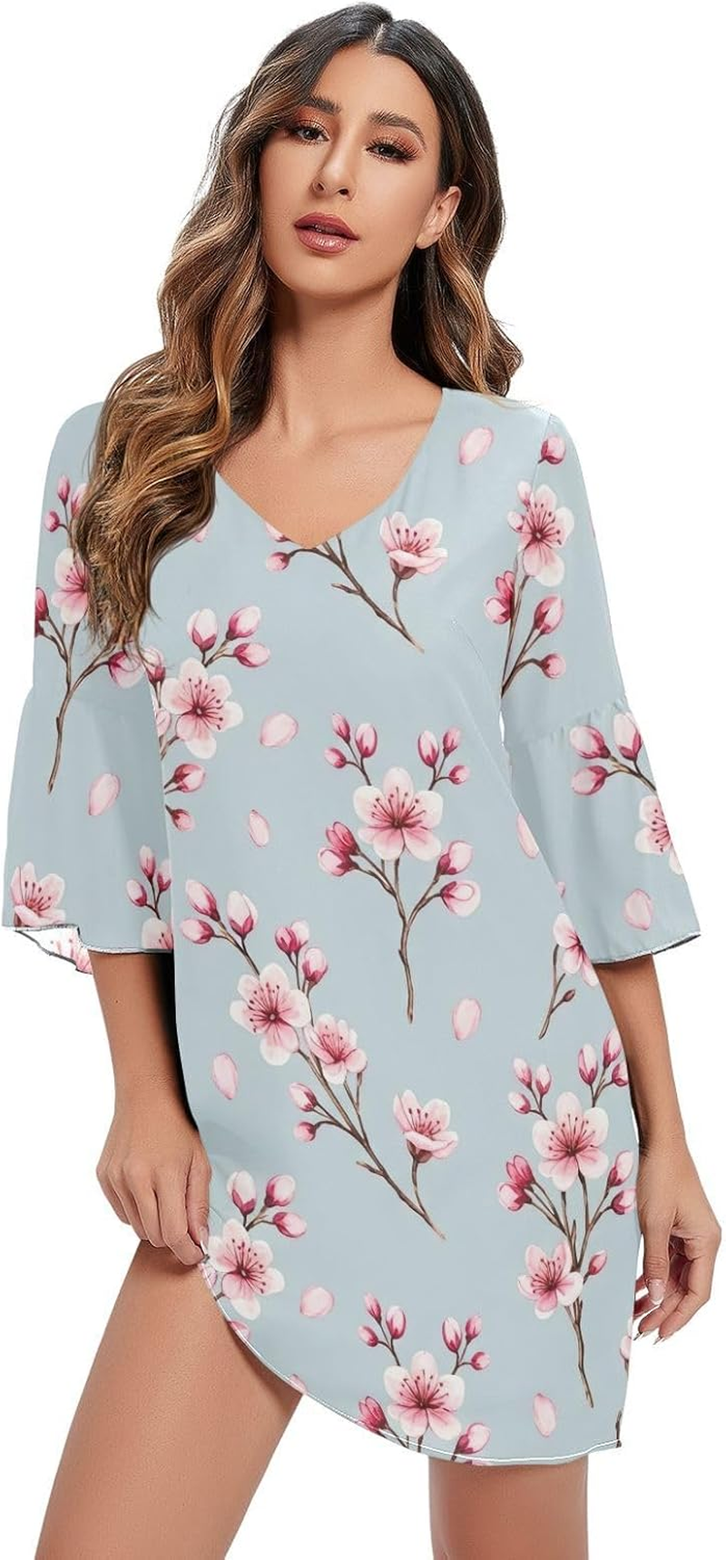 Cherry Blossom Pink Blue V Neck Line Dress Printed Line Maternity Dress image number 4