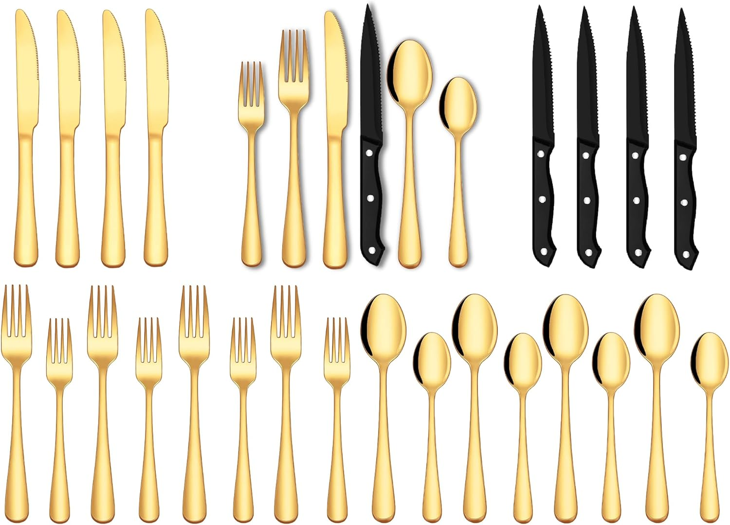 SHEUMNT 24-Piece Black Silverware Set with Steak Knives, Stainless Steel Cutlery Set, Food Grade Flatware Set Service for 4, Mirror Polished Tableware for Home Restaurant