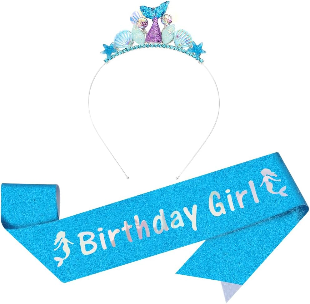 AOPRIE Birthday Girl Sash for Women Girls Mermaid Birthday Headbands Birthday Tiara & Crowns for Girls Happy Birthday Accessories Favor Supllies Blue, 2 Pack