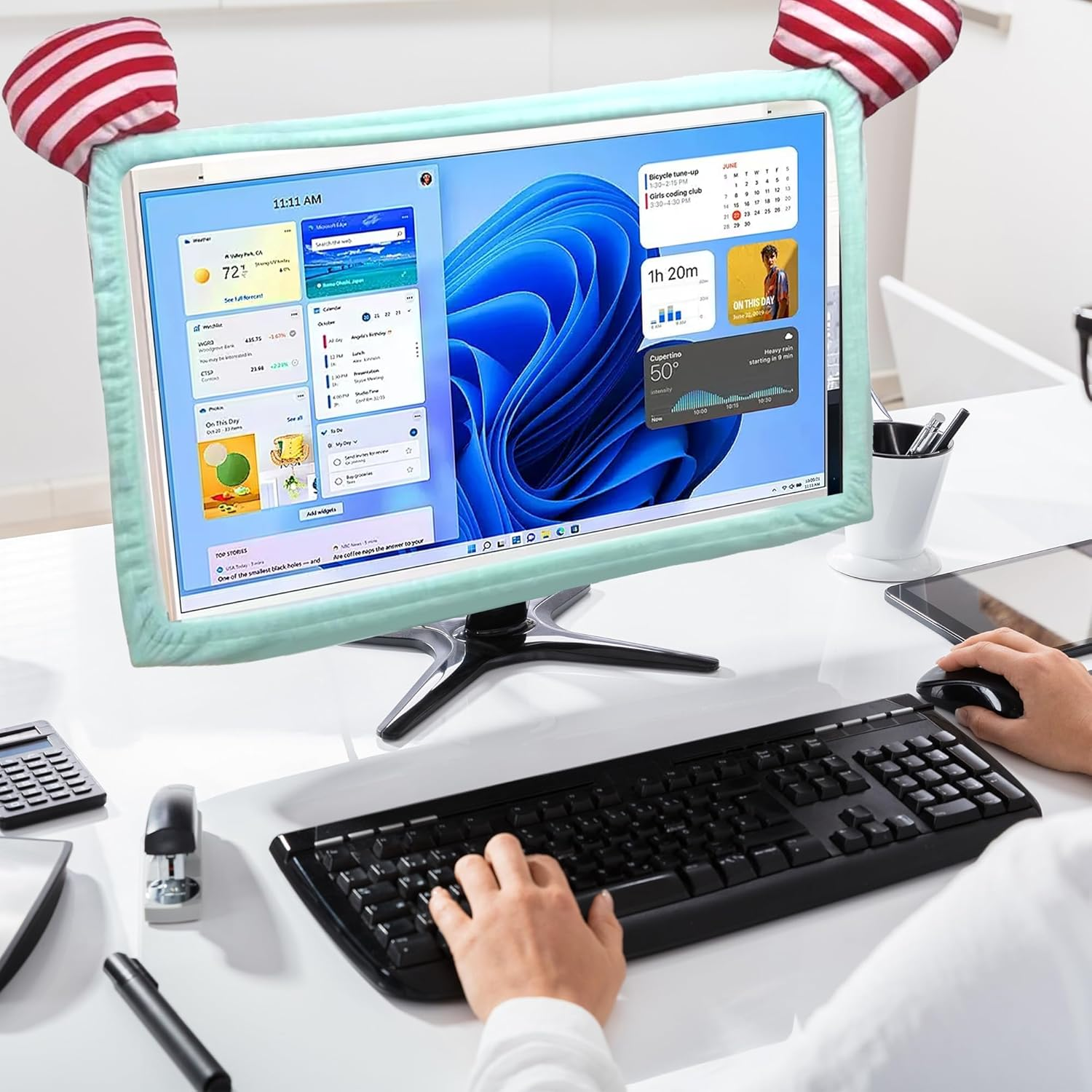 Reignsword Lovely Computer Monitor Cover, 20''-29'' Cute Striped Elastic Monitor Dust Cover, TV LCD Screen Monitor Decoration for Tablet (Green) image number 2