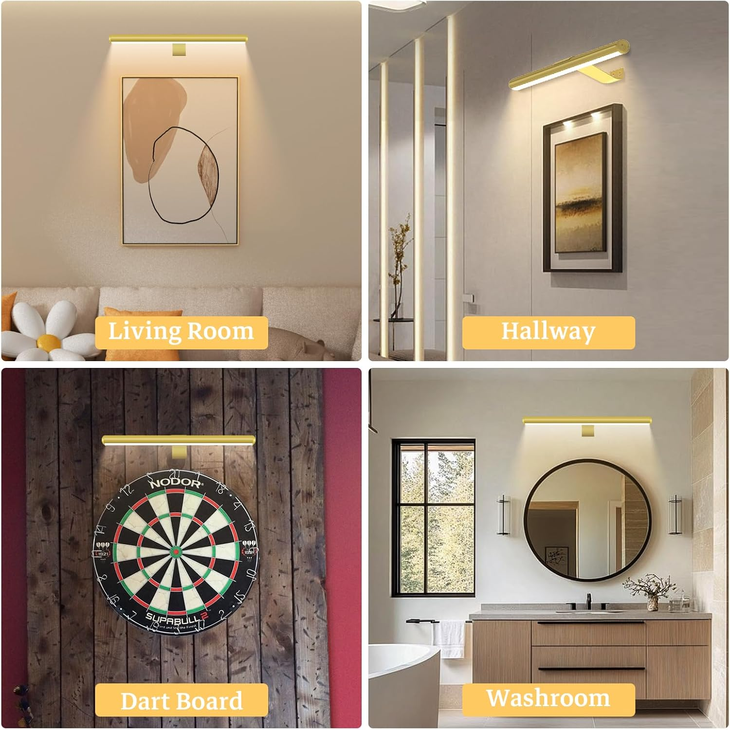 16-Inch Picture Lights,Rechargeable Wall Light with Remote, Wireless Dimmable Art Display Lamp with Timer Painting Frame Light for Wall Pictures, Frames, Gallery, Dartboard (Gold)