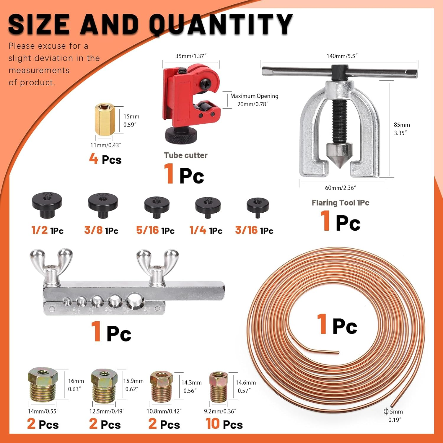 Tanstic 30Pcs 25 Ft 3/16" Copper Coated Brake Line Kit Includes 16 Brake Line Fittings and 4 Unions + Brake Line Double & Single Flaring Tool Kit, 45 Degrees, Red image number 3