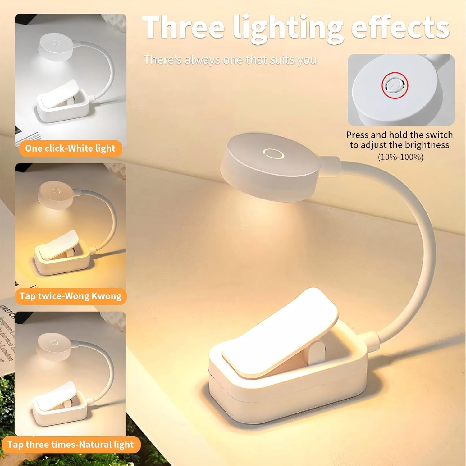 4 LED Clip on Reading Light, 3 Eye-Protecting Modes Flexible Book Light Lamp (Warm&Cool White) -Stepless Dimming, Portable and Ultra-Lightweight, Clip on to Book, Desk, Battery Powered