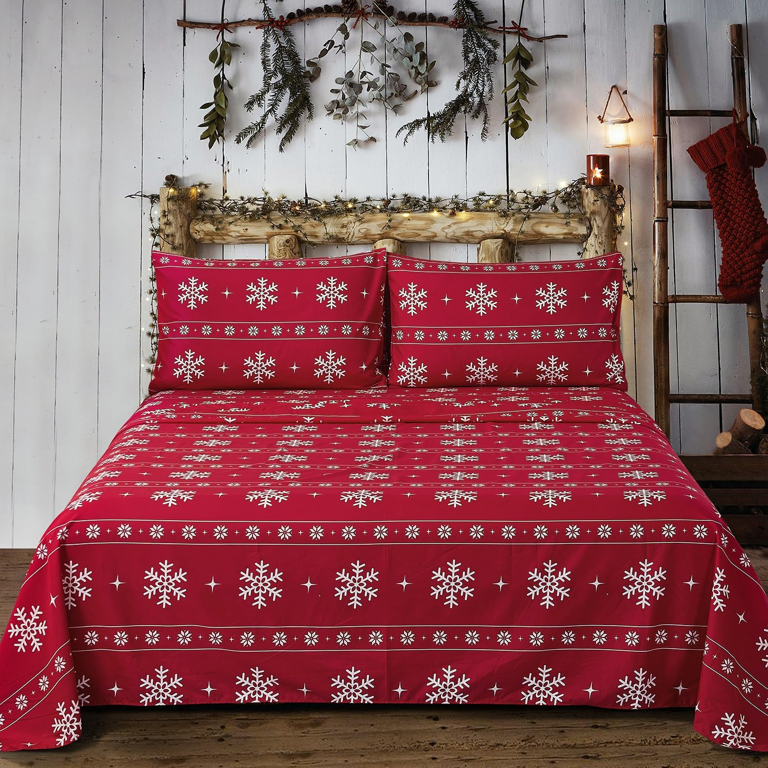 Vaulia Soft Microfiber Sheets, Print Snowflake Pattern, 4-Piece Set (1 Fitted Sheet 1 Flat Sheet 2 Pillowcases) (Red/White Snowflake, King) image number 4