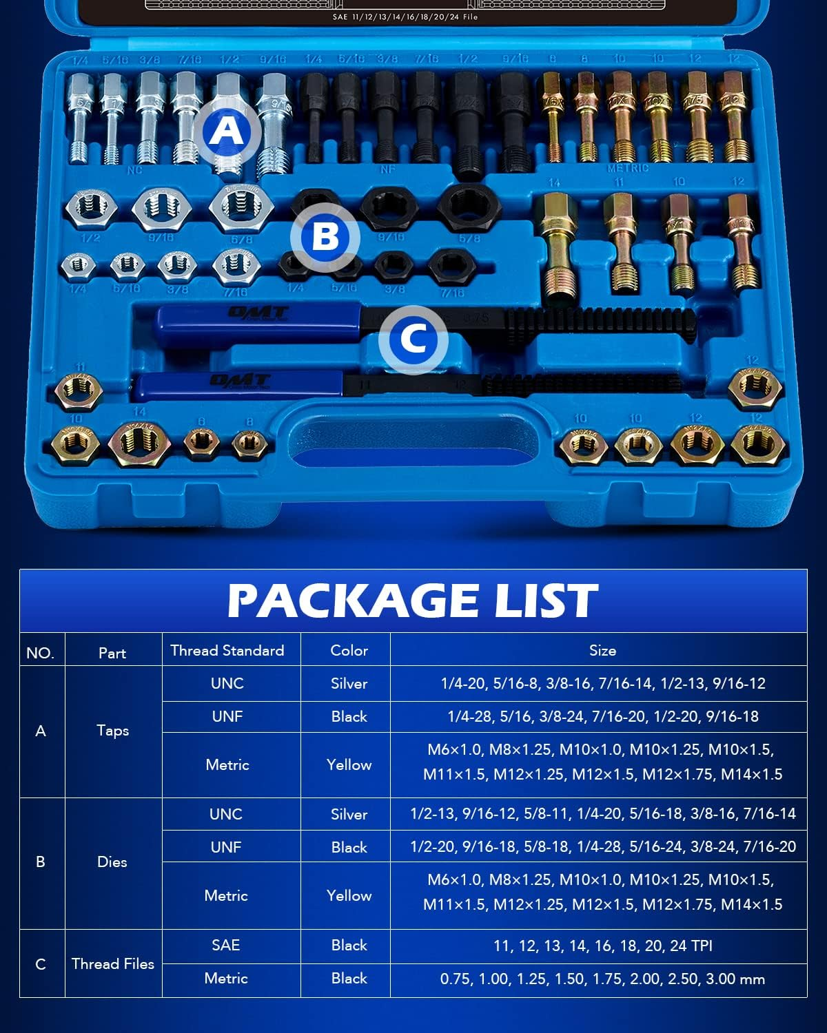 Orion Motor Tech 48 Piece Thread Chaser Set, Metric and SAE Thread Repair Kit with 22 Taps 24 Dies 2 Thread Files, Universal Rethreading Kit Thread Restorer Tool Set in UNC UNF Metric Sizes with Case image number 5