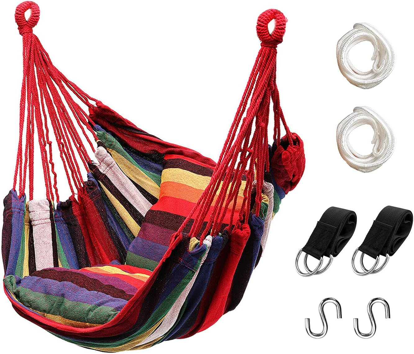 Hommtina Hammock Chair Hanging Rope Swing, Max 300 Lbs Hanging Chair with Pocket & Durability Perfect for Outdoor, Home, Bedroom, Patio, Yard (Pillows NOT Included,Beige)