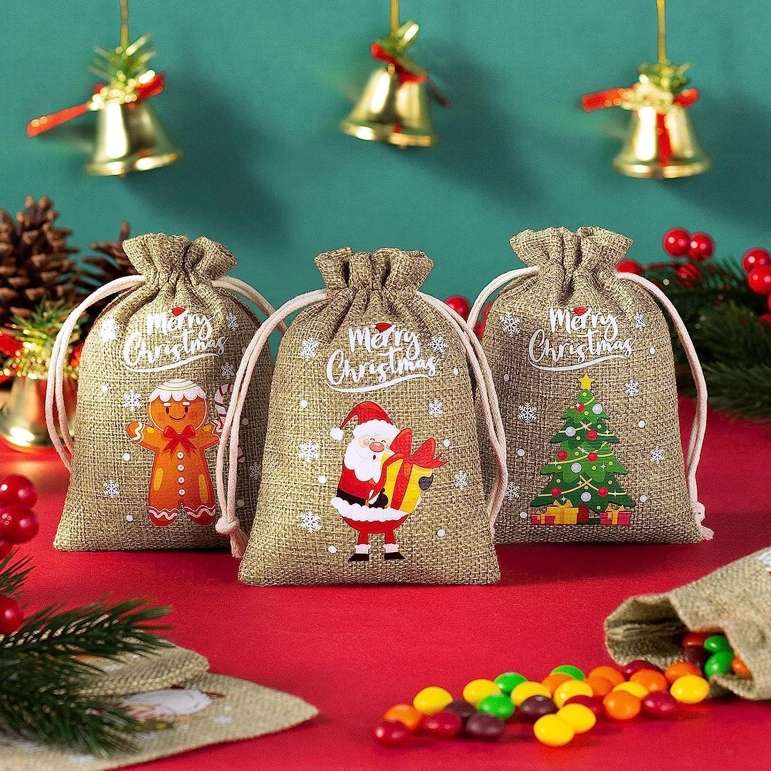 24 Pcs Christmas Linen Bags, with Drawstrings Christmas Burlap Gift Bags, Jute Xmas Candy Bags Linen Treat Sacks Reusable Gift Wrapping Bags Xmas Holiday Party Favors Bags