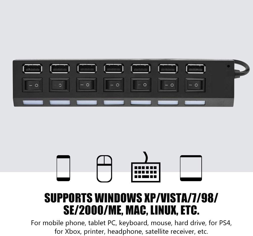 7 Port USB Hub, 480Mbps USB Hub 7 Ports Hub, USB Mobile Phone Headphone for Keyboard Printer image number 2