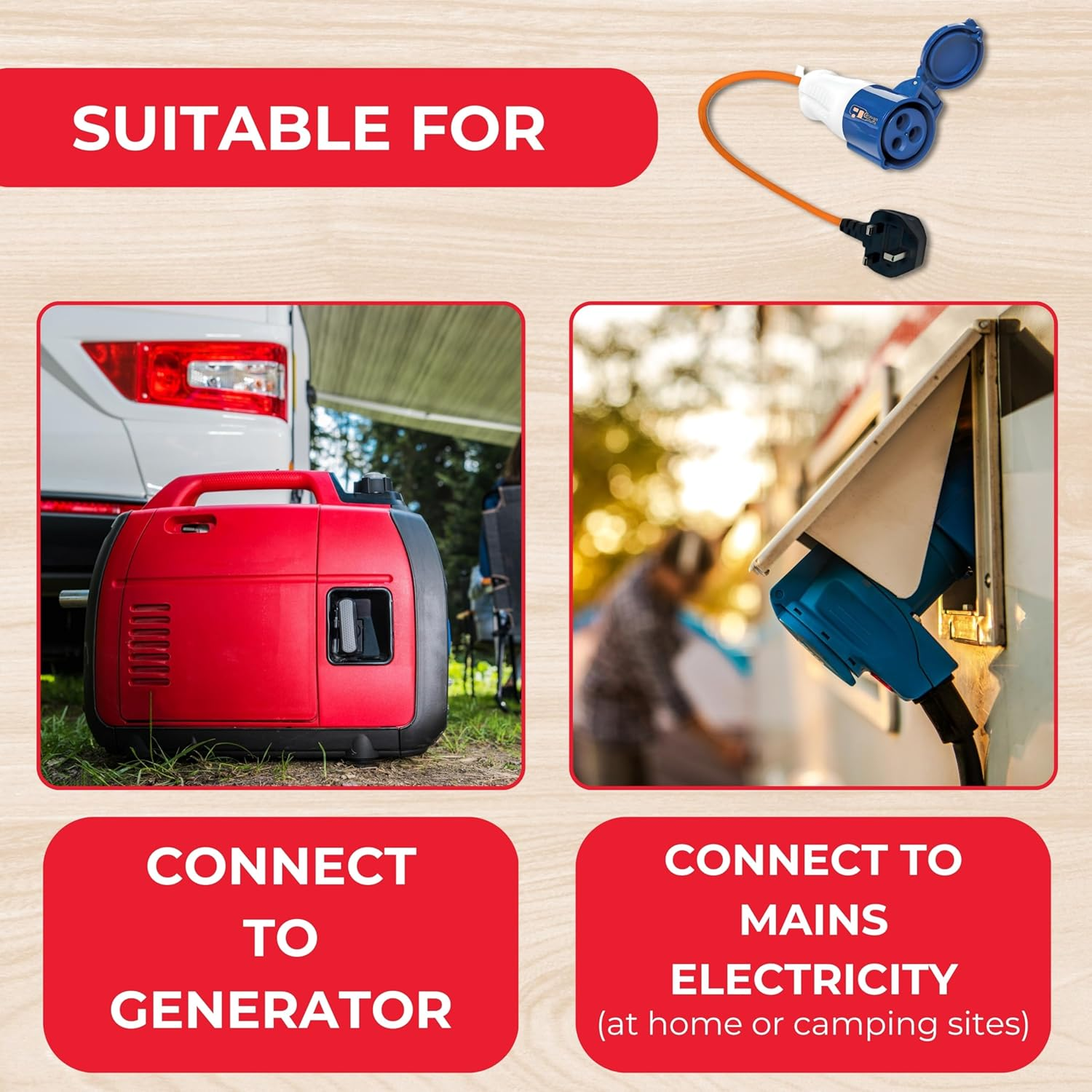 Double Dragon UK Caravan Trailer Hook-Up Lead, Fly Lead, 13A Plug to 16A Socket Adapter, 230V UK Electric Mains Adapter, Caravan Trailer Campervan Site Connector, with 3 Pin UK Ease Fuse Replace Plug image number 1