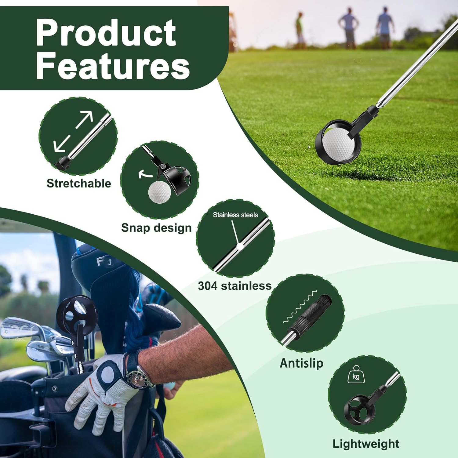 Huakaile Stainless Steel Golf Ball Retriever Telescopic for Water, 78.7" Extendable Golf Ball Grabber with Locking Scoop, Golf Ball Picker Upper Tool Accessories for Golfer Women Men Black image number 6