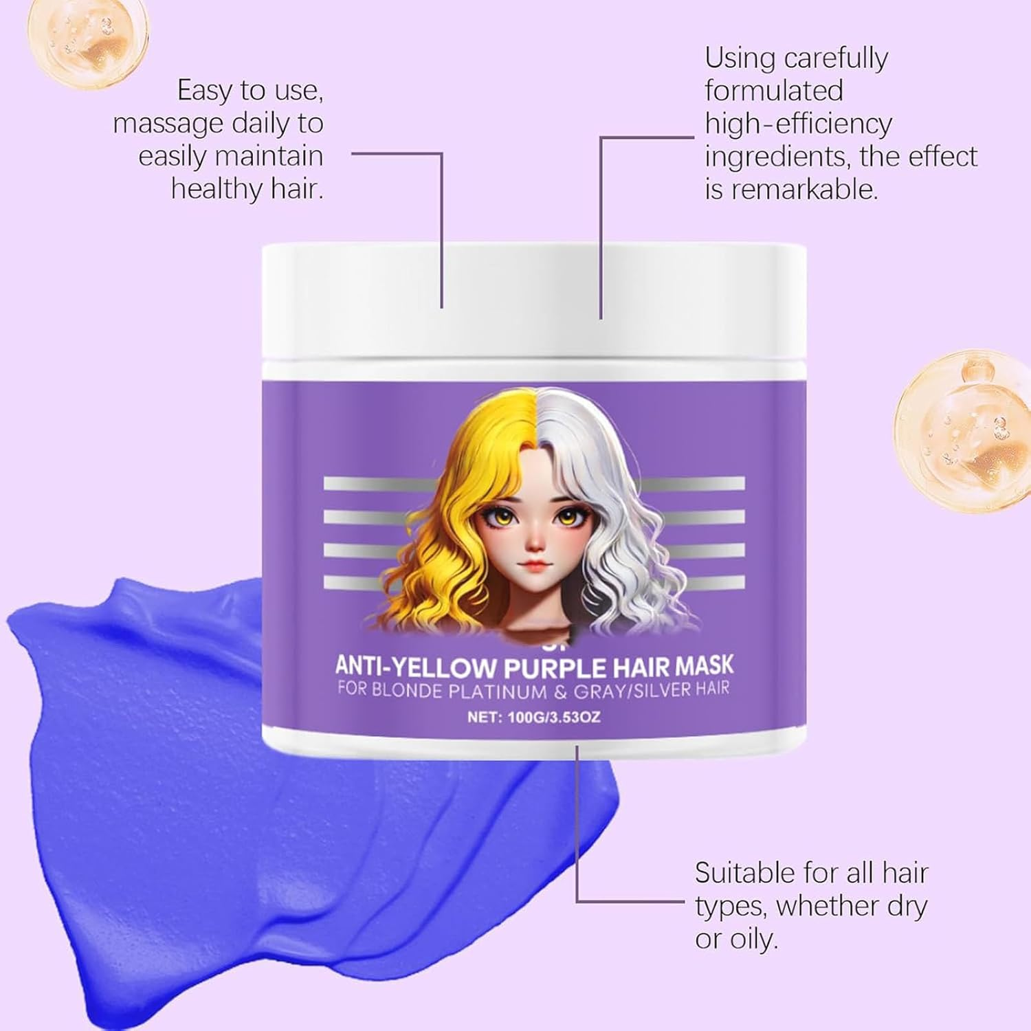 Anti-Yellowing Purple Hair Mask,Anti Yellow Purplehair Mask,Purple Hair Masks for Blonde Hair,Purplemoisturizing Conditioner,Remove Yellow Tones & Condition Dry,Rich Roots for All Hair Types (3Pcs) - 3Pcs image number 3
