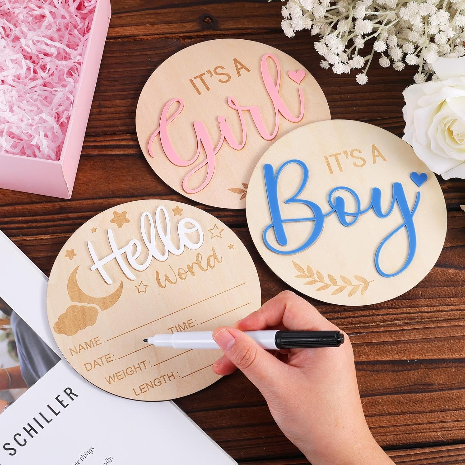 3Pcs Baby Announcement Sign, 5.83 Inch Gender Reveal Wooden Sign Acrylic Hello World Newborn Birth Baby Name Plaques It&rsquo;S a Boy It&rsquo;S a Girl Baby Arrival Sign for Hospital Baby Show
