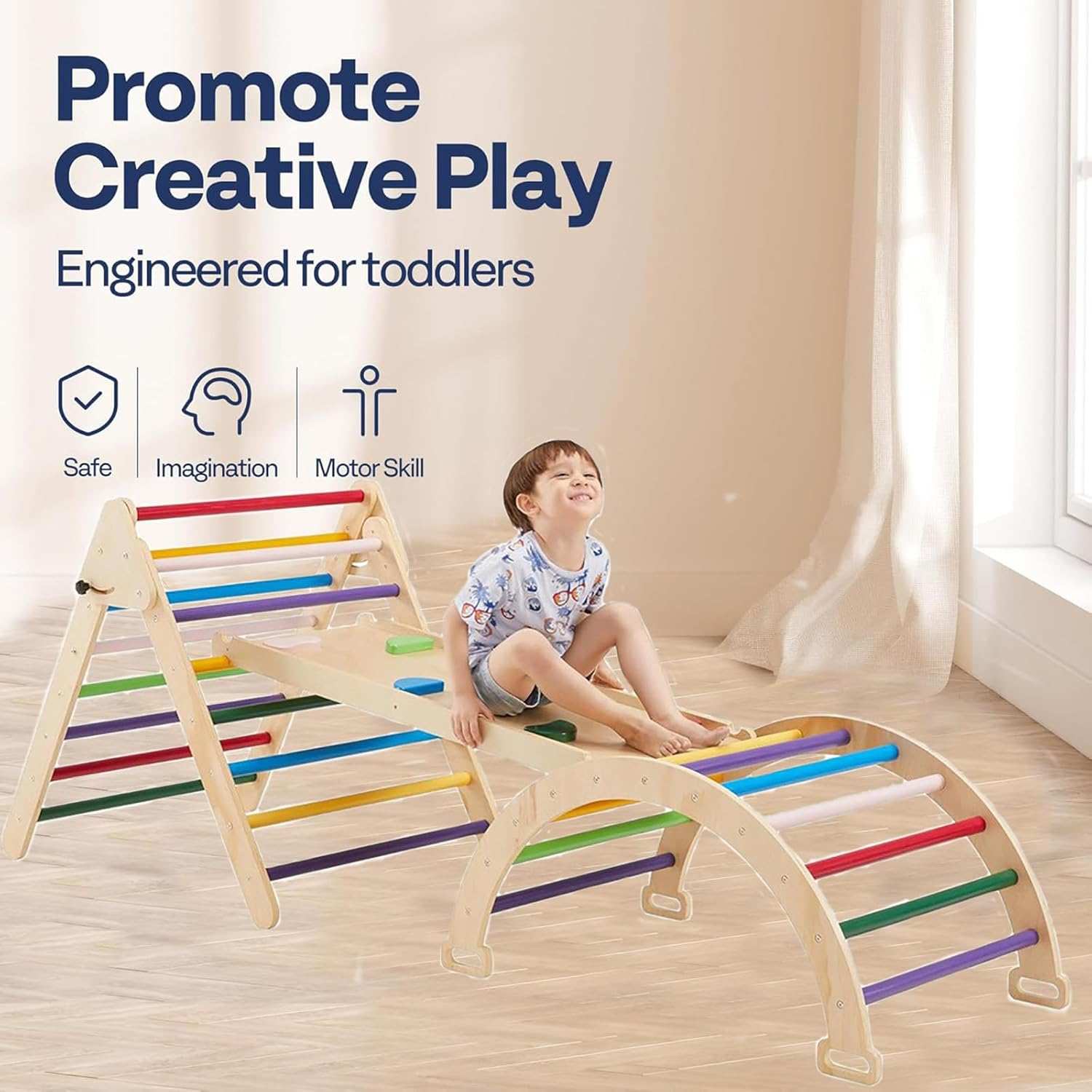 Jeonz Foldable Wooden Climbing Frame Toys for Toddler, Pikler Triangle Set image number 4