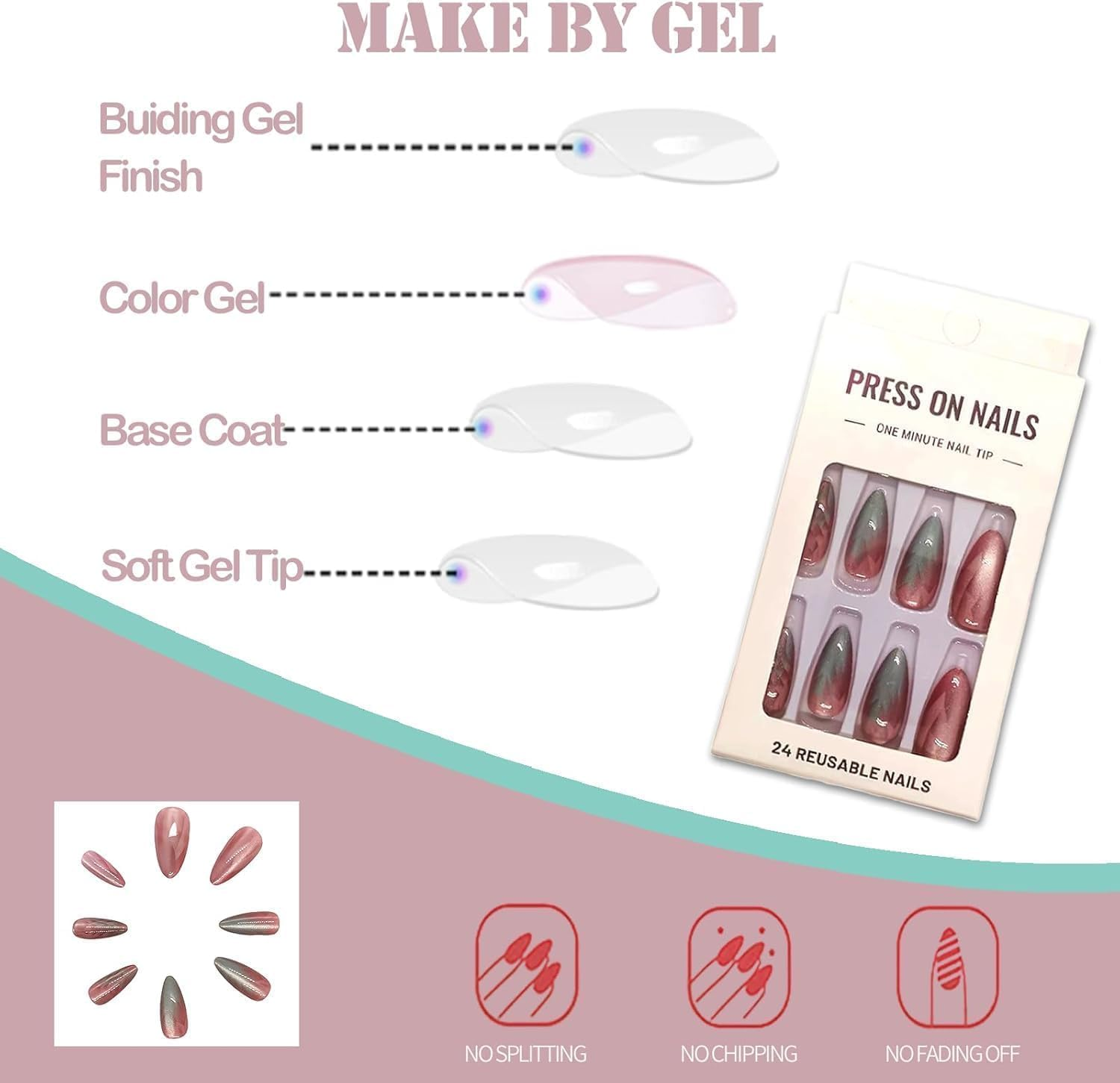 LYMCY Press on Nails, Gradient Cat Eye Nail, Artificial Nails for Women and Girls -24 Pcs