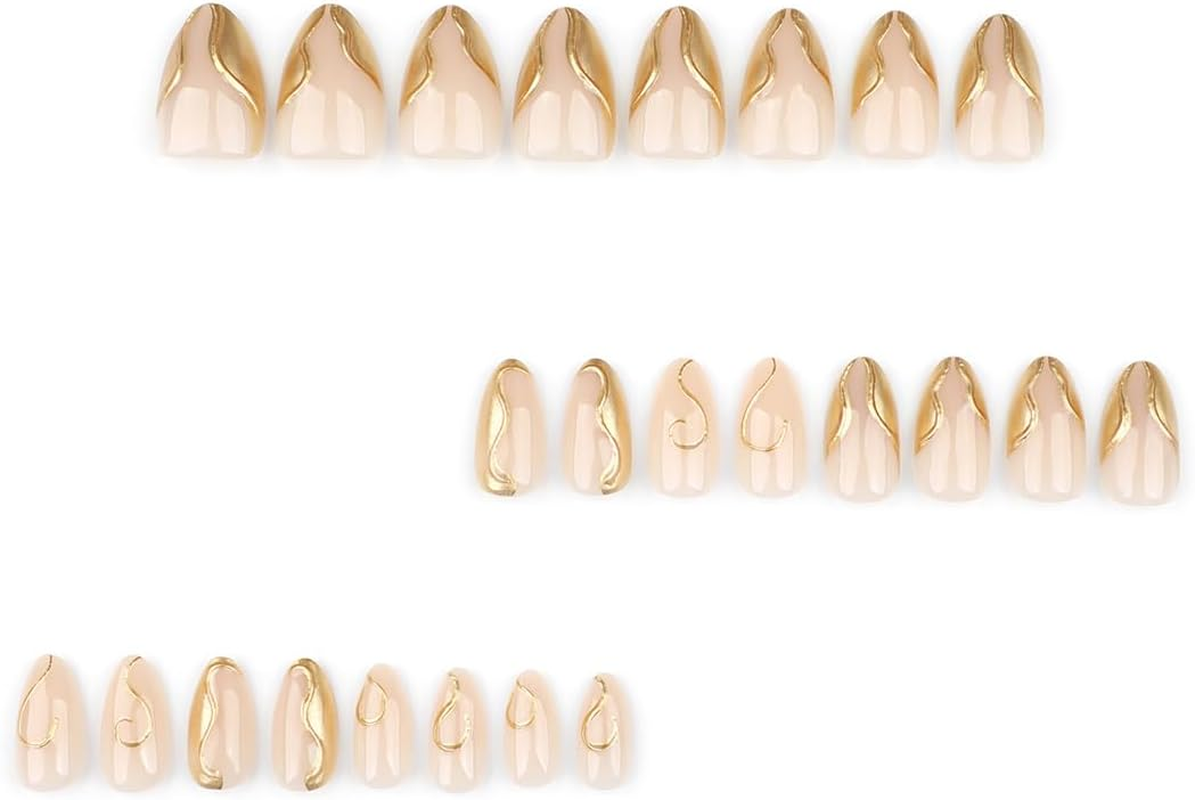 24 PCS Nude Almond Press on Nails Glossy Gold False Nails Short Fake Nails Full Cover Stick on Nails Art for Women and Girls Daily Decoration