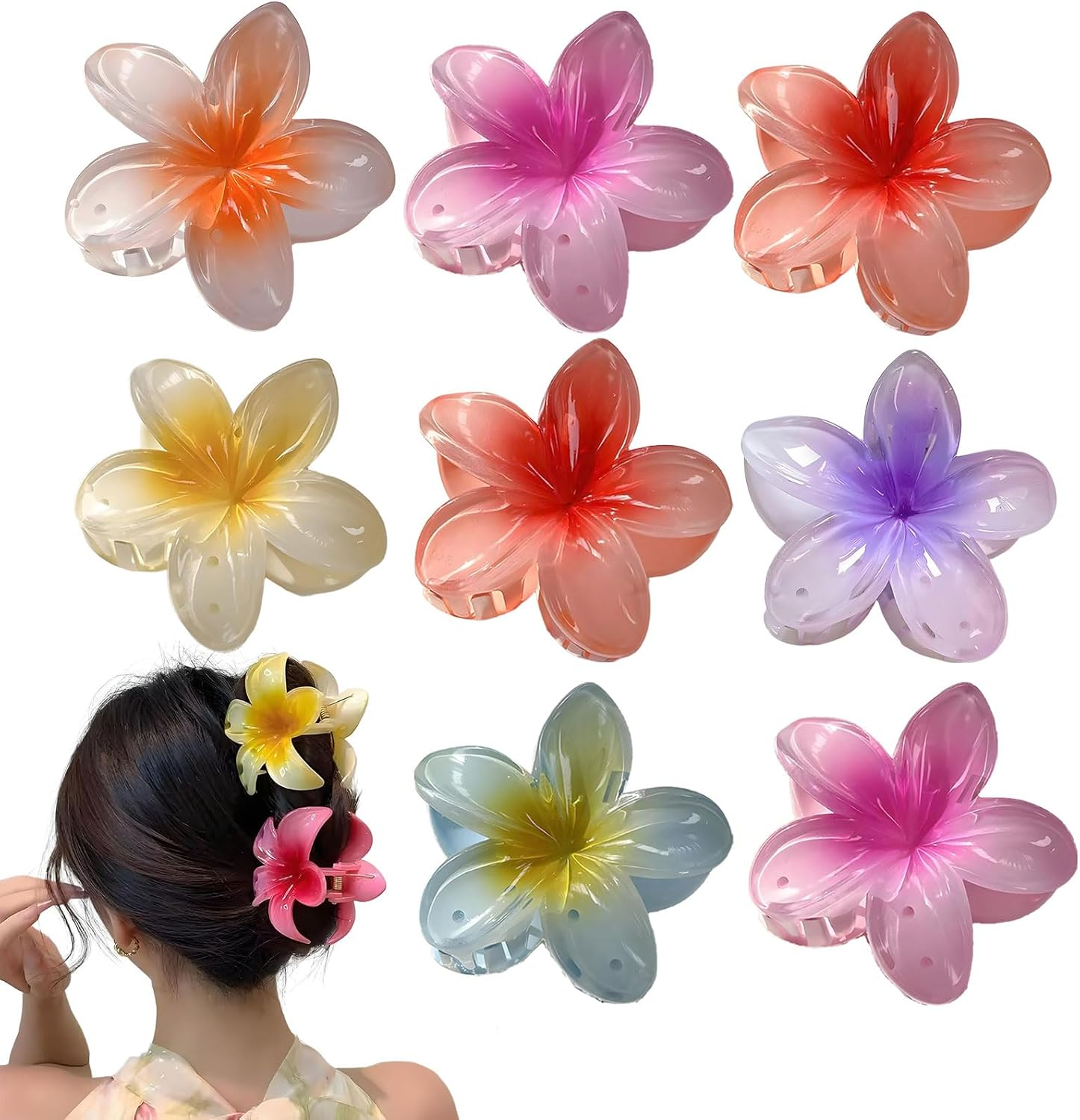 MYTOAU 8 Pack Claw Clips for Women,Hawaiian Plumeria Hair Accessories,Flower for Women,Nonslip Hair Girls, Large Claw Clips for for Wedding, Party, Vacation, Beach Decoration image number 4