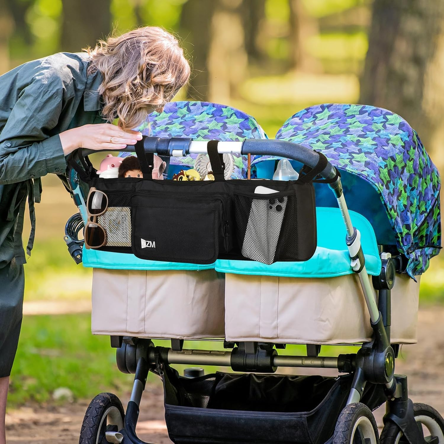 Stroller Organizer for Double Strollers - Large Storage Bag with Bottle & Cup Holders, Parent Console for Side-By-Side & Jogger Strollers, Durable & Spacious Accessory