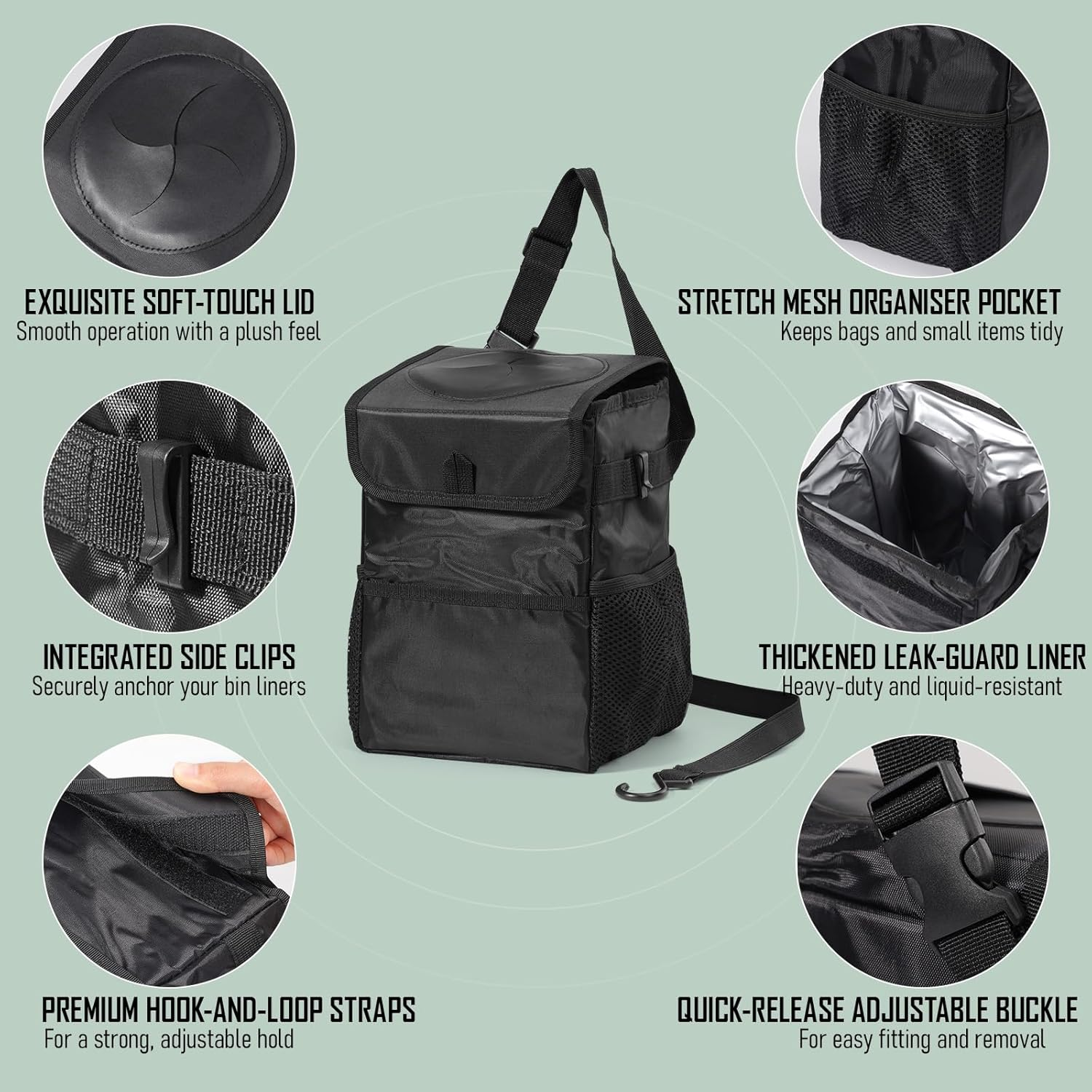 Foldable Waterproof Car Bin for Trash with Lid, Rectangle Vehicle Dustbin Organizer for Hanging on Seat or Floor, for Car Office Home Camping (Black) image number 6