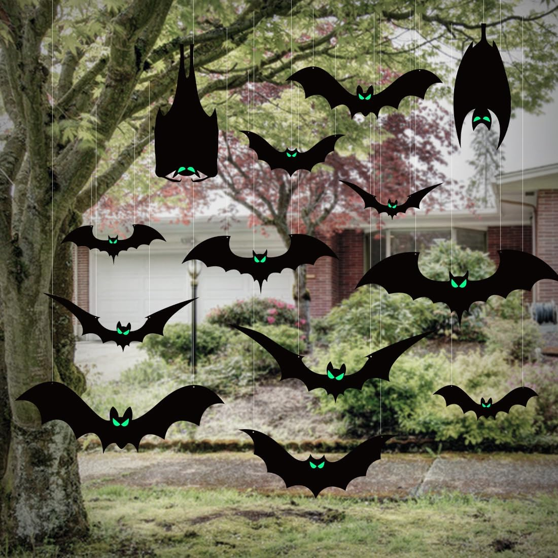 13 PCS Hanging Bats Halloween Decoration Outdoor Black Plastic Bats with Glowing Eyes Different Size Flying Bats Halloween Decor Hanging in the Tree, Porch, Yard, Lawn, Indoor image number 1