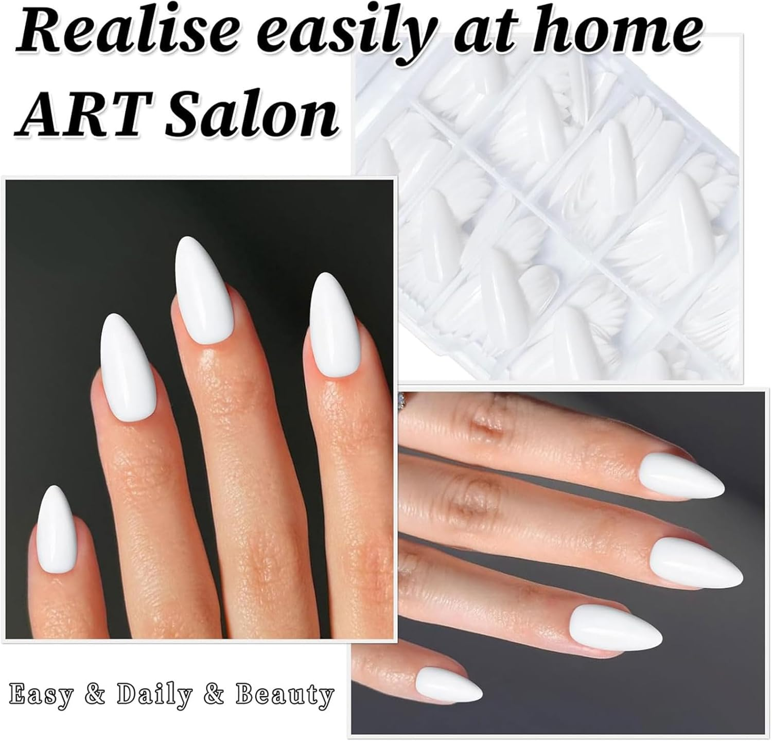 Lunarcharm 240 Pieces White Almond Press-On Nails Medium Size False Nails, Artificial Nail Tips - Black image number 3