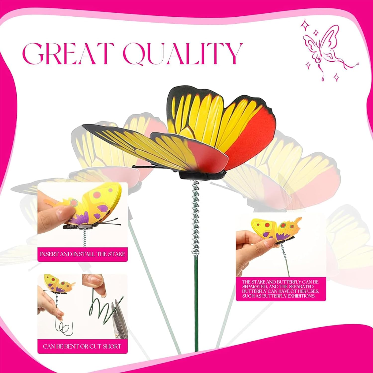 Zalizr 100 Pcs Colorful Butterfly Garden Stakes, PVC Waterproof 3D Butterfly Yard Decorations, Party Supplies for Indoor & Outdoor Use, Patio, Plant Pots, Christmas Garden Decor image number 1