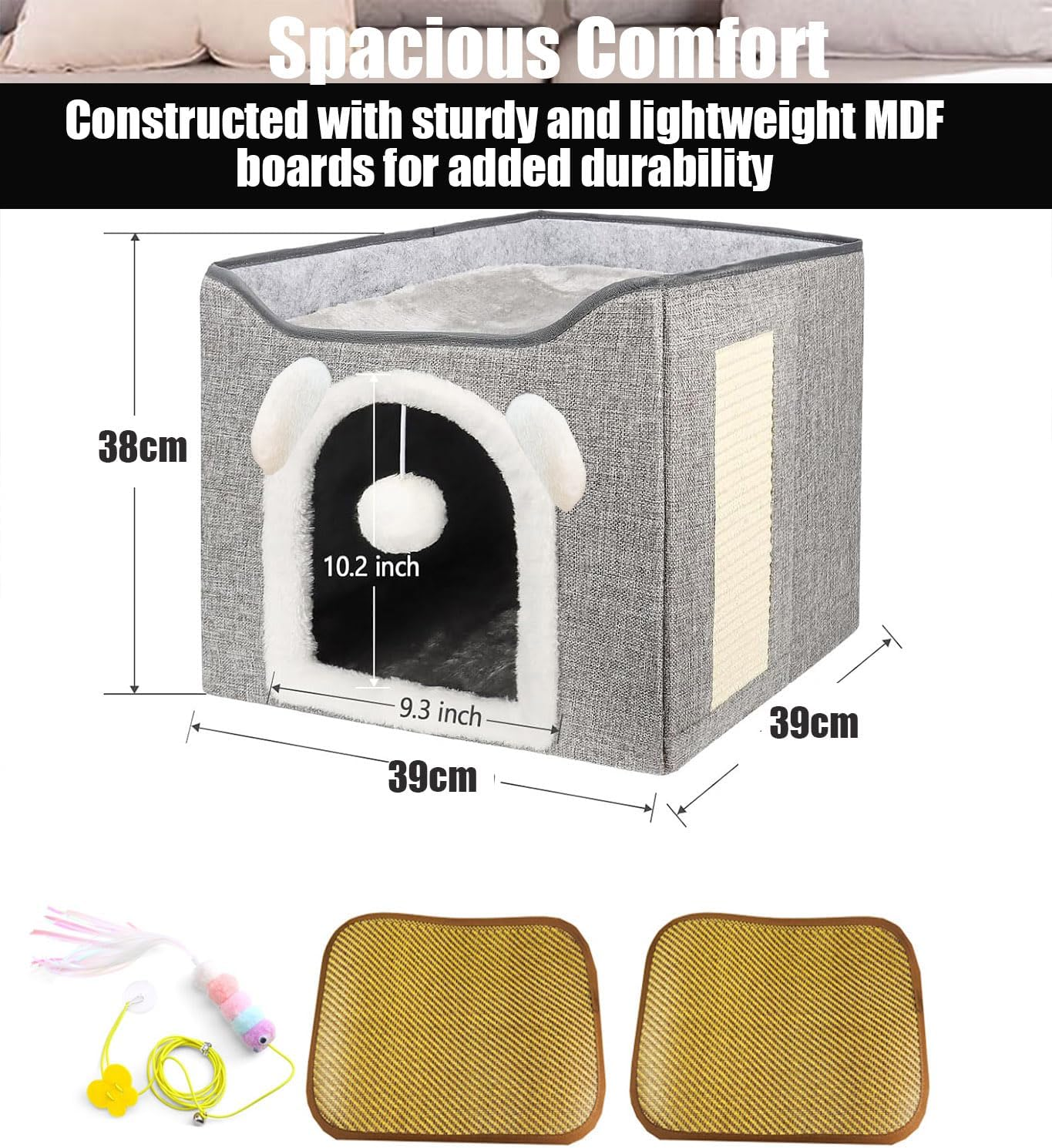 Cat Beds for Indoor Cats,Large Cat Bed for Indoor Cats with Fluffy Ball Hanging and Scratch Pad, Foldable Cute Pet Condos, Pet Cubes, Pet Hideaway with Rattan Mat, 2 - Level image number 4