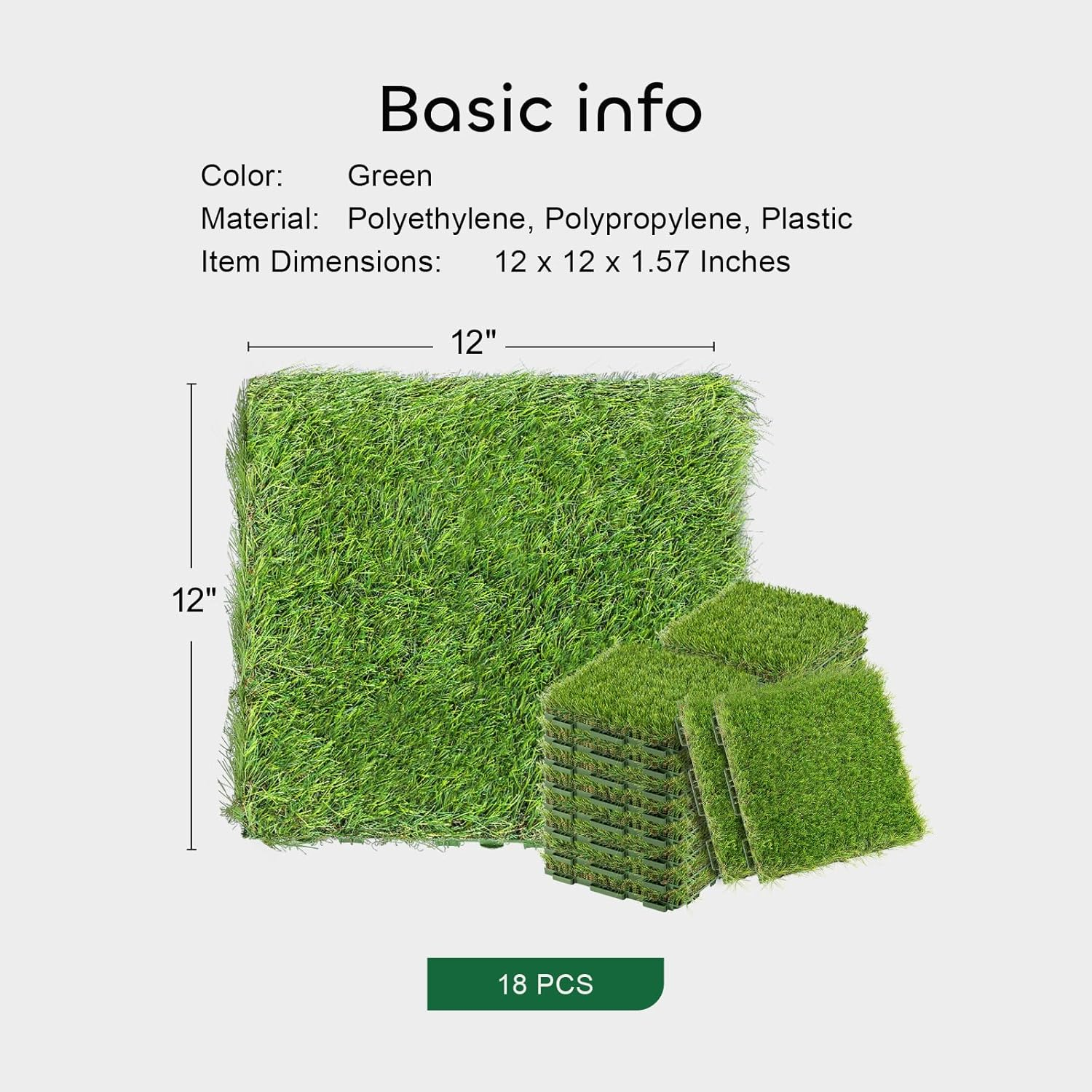 GROWNEER 1.57" H Interlocking Artificial Grass Tiles, 12" X 12" 18 Pcs Fake Grass Deck Turf Tiles with Upgrade Interlocking System Self-Draining for Pet Indoor/Outdoor, Backyard, Patio image number 2