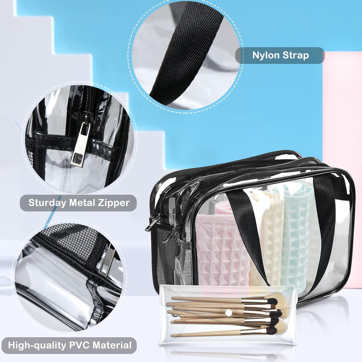 Hysagtek Clear Cosmetics Bag Toiletry Shower Bag, Large Travel Bag for Toiletries with Zipper, Waterproof & Draining PVC Makeup Tote Bag Bathroom Mesh Caddy for Gym Travel Business Camping Beach Spa, Black, Clear image number 2