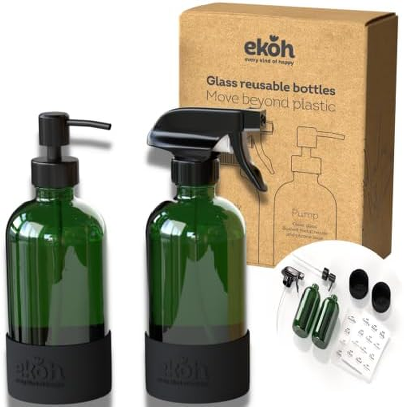 EKOH 2 Pack Glass Bottles 500Ml &ndash; Refillable Pump & Spray Dispensers for Kitchen, Bathroom, Soap, Lotion, Handwash, Dish Soap, Eco-Friendly & Reusable (Amber)