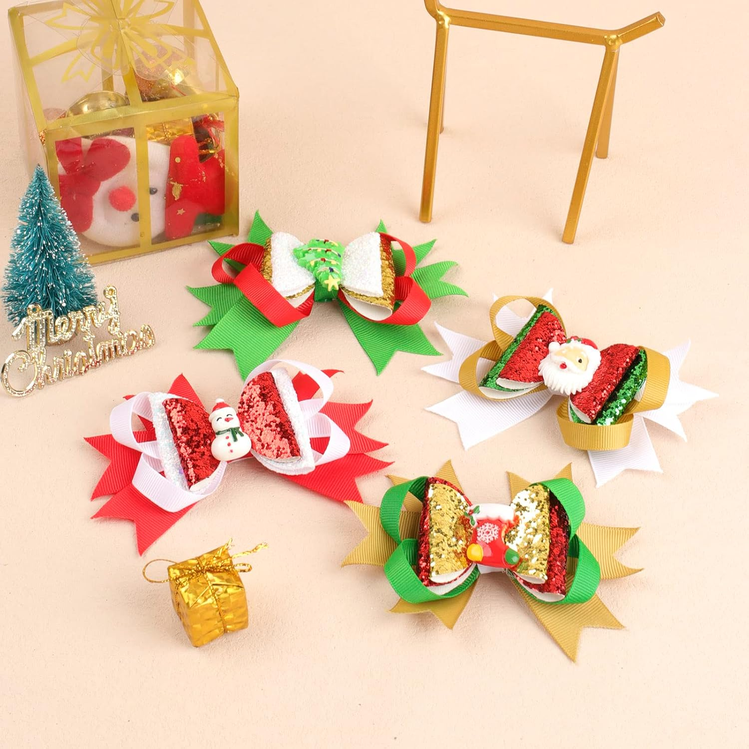 Snowstar 4Pcs Christmas Hair Clips Cartoon Christmas Bows Accessories for Girls,Santa Christmas Tree Snowman Bow Hair Barrettes Holiday Hair Accessories for Girls Women Toddlers Christmas Gifts