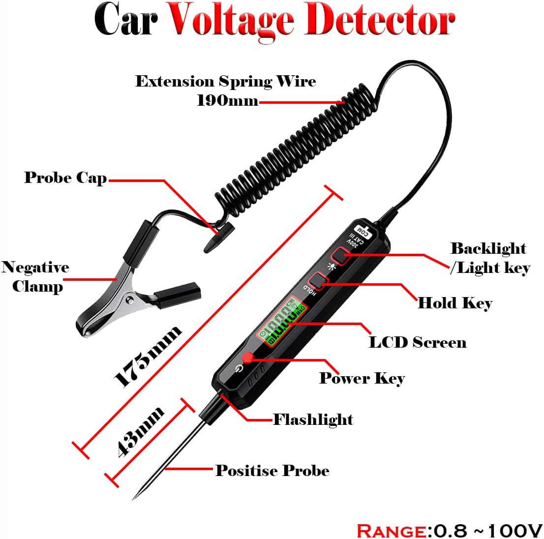 Car Voltage Detector 100V DC Voltage Tester Automotive Electric Circuit Tester Car Truck Low Voltage & Light Tester with Flashlight, Backlight, LCD Display, 190Mm Extended Spring Wire image number 5
