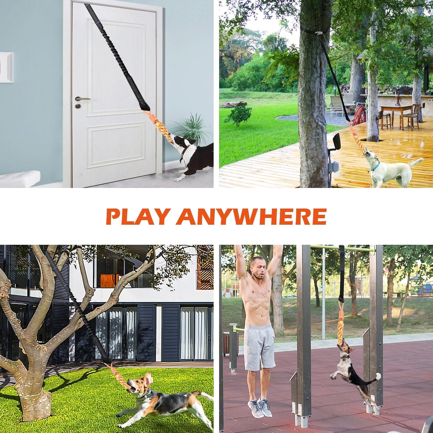 Door Anchor Dog Hanging Bungee Tug Toy for Small Dog Pull Rope and Tug of War, Indoor Outdoor Pull Interactive Toy, Durable Retractable Tugger Dog Rope Toy with 2 Chew Toys for Dogs and Cats