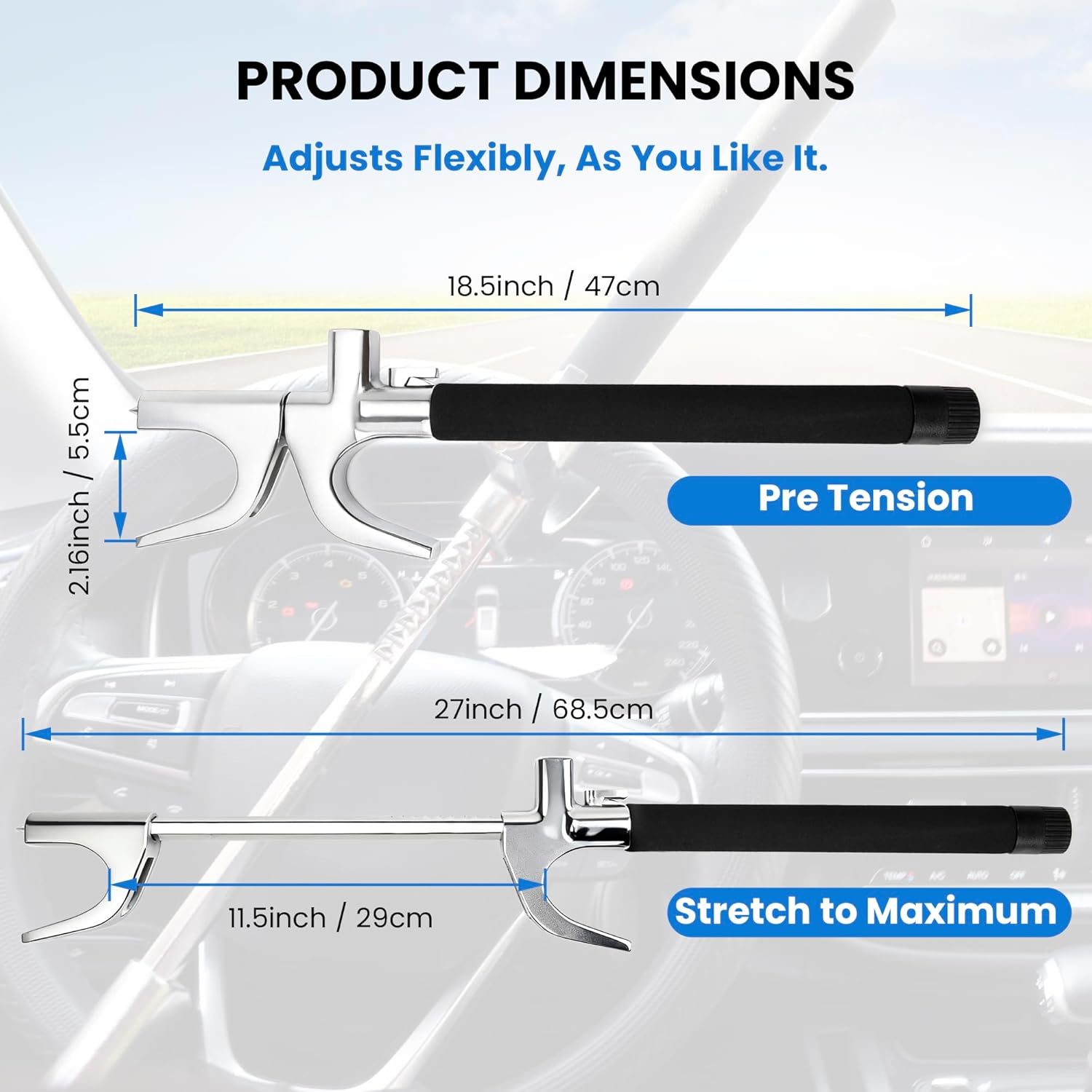 4-In-1 Steering Wheel Lock with Flashlight/Sos LED Ligth,Seat Belt Cutter,Escape Hammer,2 Keys Retractable Steering Lock,Vehicle Anti-Theft Lock，Universal for Auto/Truck/Suv/Van Black image number 5