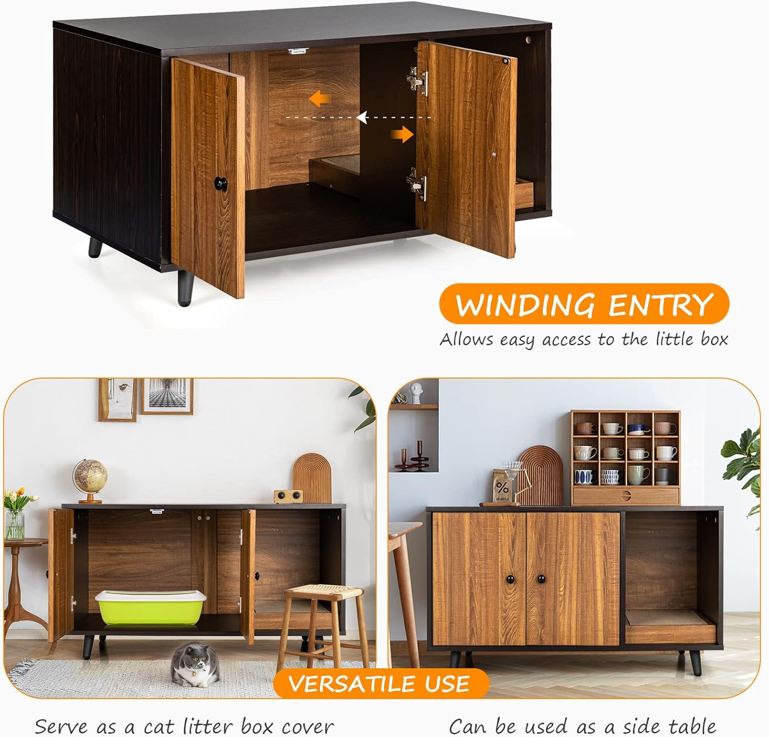 Costway Wooden Cat Litter Box Enclosure Bench, Hidden Cat Box Cabinet Furniture W/Doors, Removable Scratch Box, Water & Scratch-Proof, Walnut Cat Washroom House End Table for Indoor image number 6