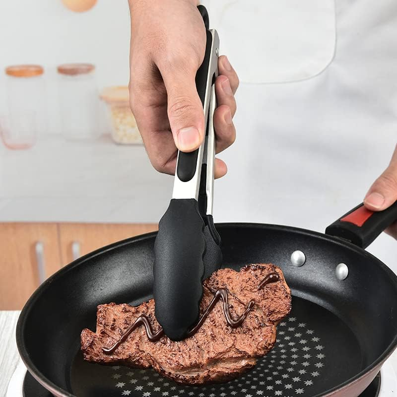 2-Pack of 9" (Small) & 12" (Large) Kitchen Tongs Set: Non-Stick Silicone-Stainless Steel Cooking Tongs, BPA Free, Heat Resistant (480&deg;F) - Non-Slip Grip & Locking Metal Food Tongs (Black) image number 1