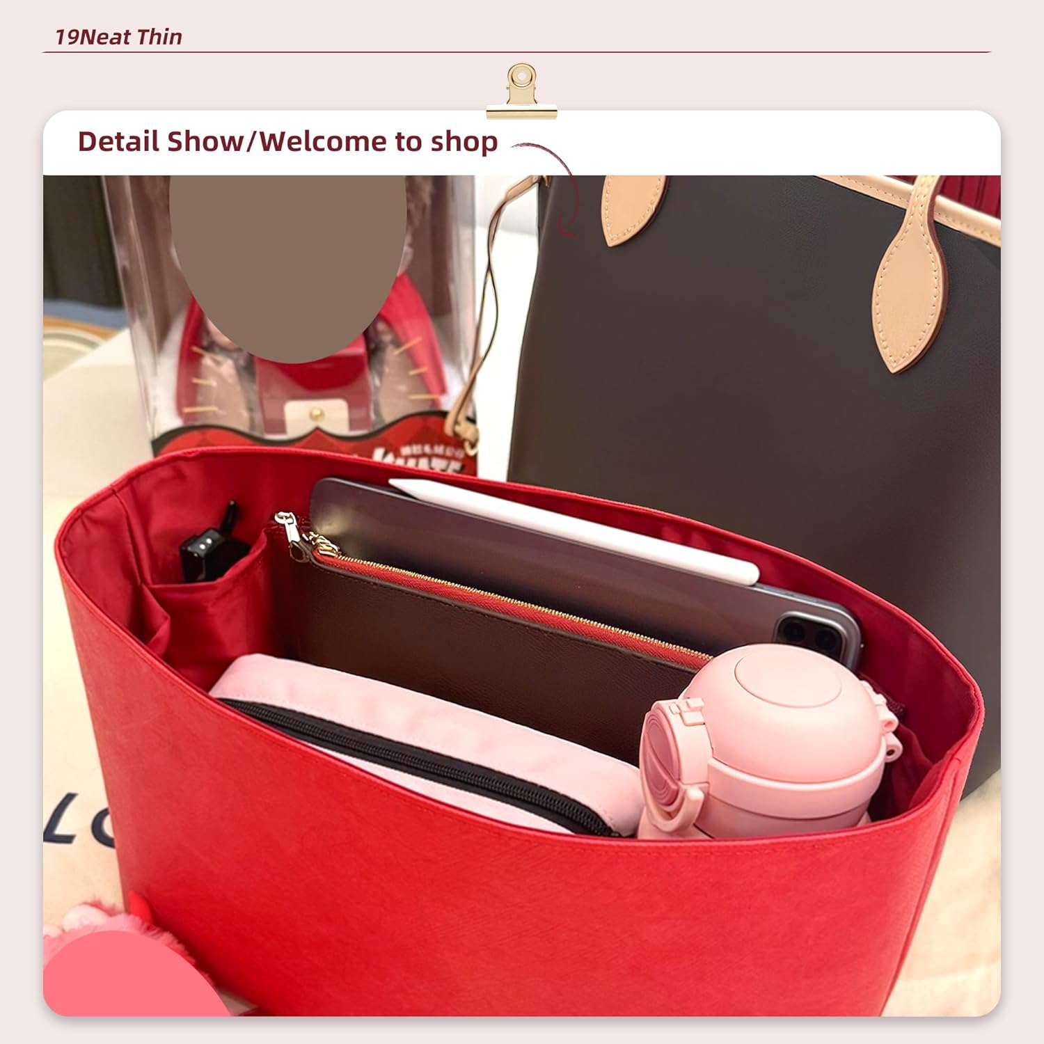 19 Neatthin Lightweight Purse Insert, Waterproof Surface and Silky Satin Lining, Fit for LV Neverfull GM (With Zipper and Bottle Holder, Ruby) image number 2