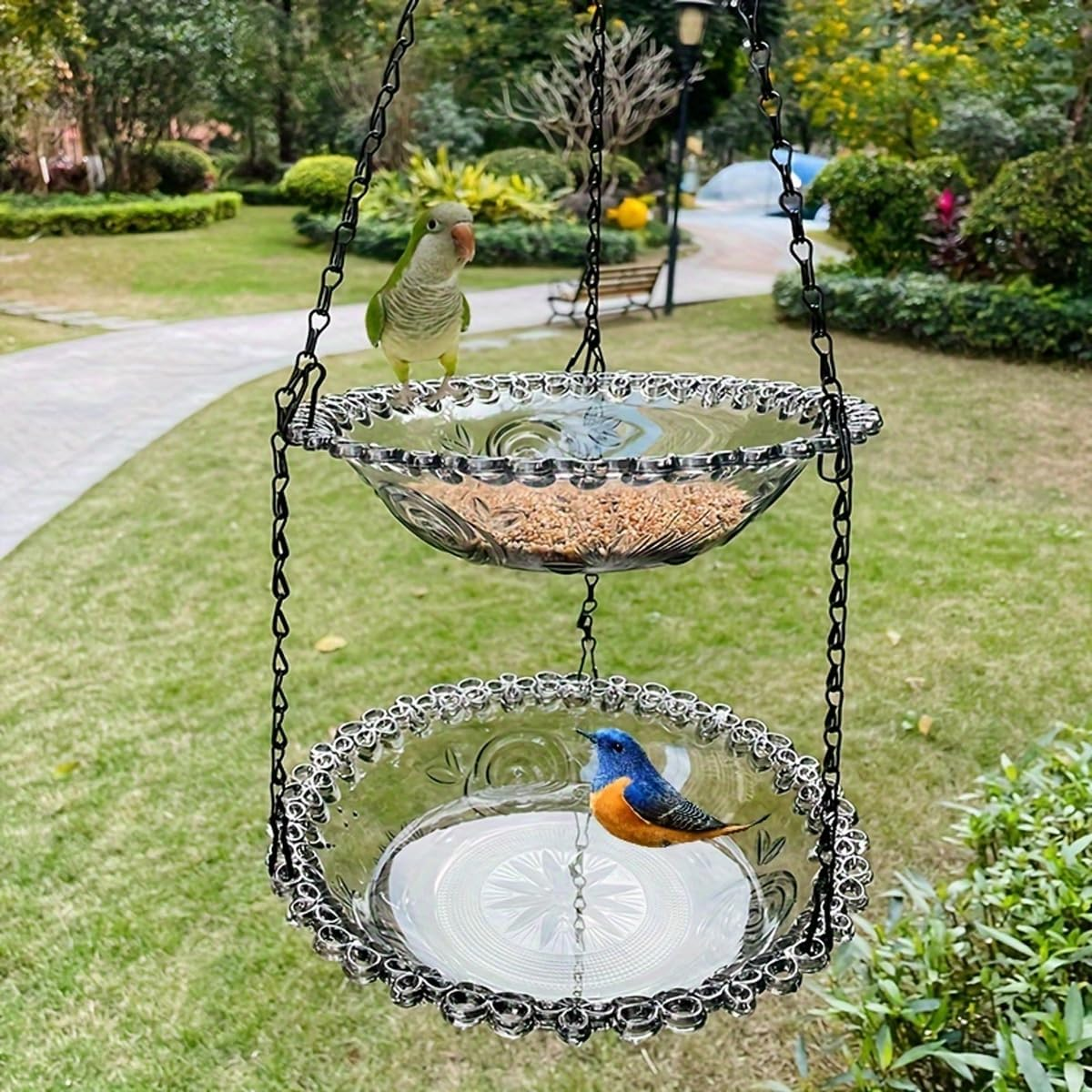 AIMALL Elegant Two-Tier Hanging Bird Feeder - Decorative Garden Bird Bath and Feeding Station, Perfect for Outdoor Decor - Grey image number 6