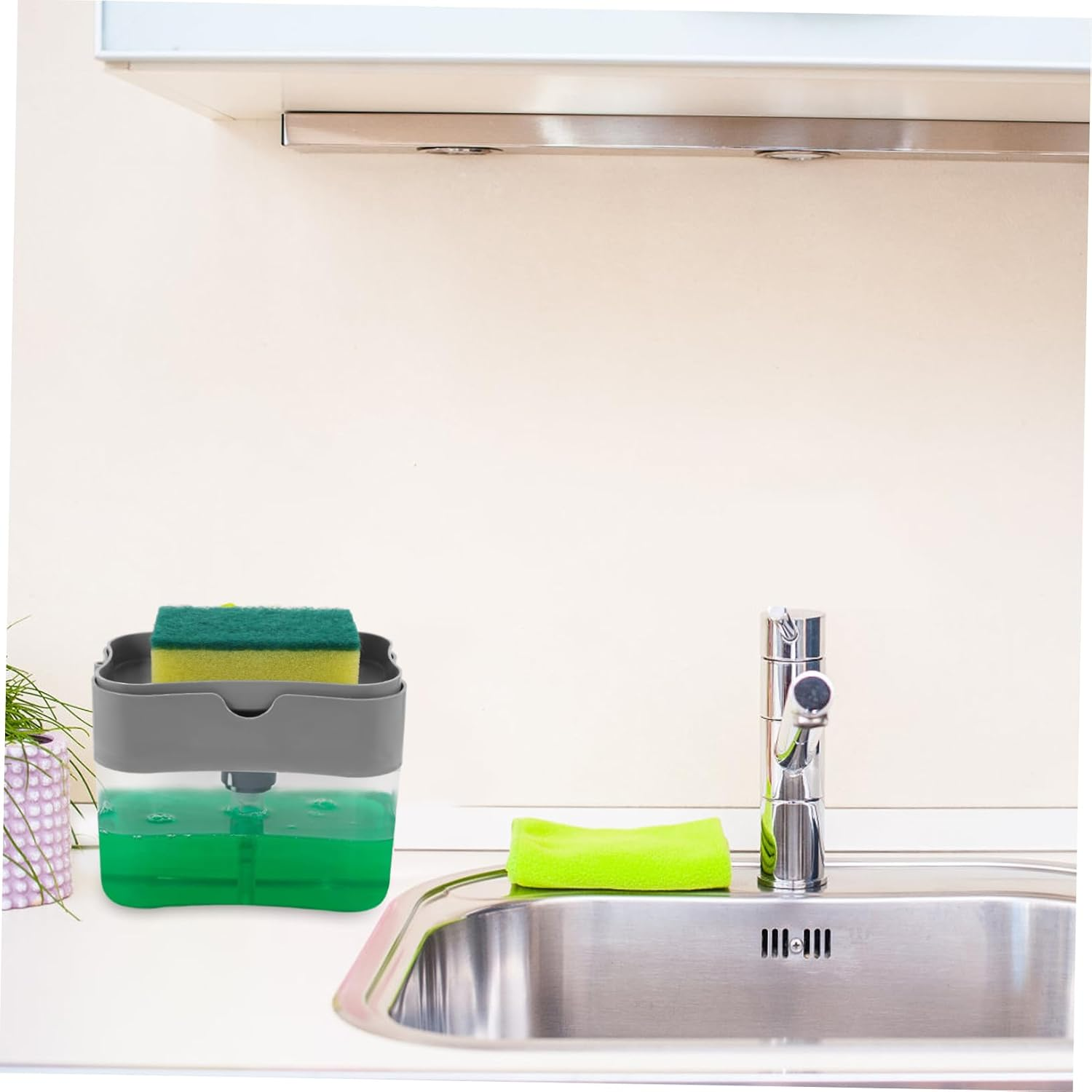 Amosfun Manual Soap Dispenser and Sponge Soap Box with Press Pump Silver for Kitchen and Home Use Practical Sponge Holder without Single Piece Random Color image number 1