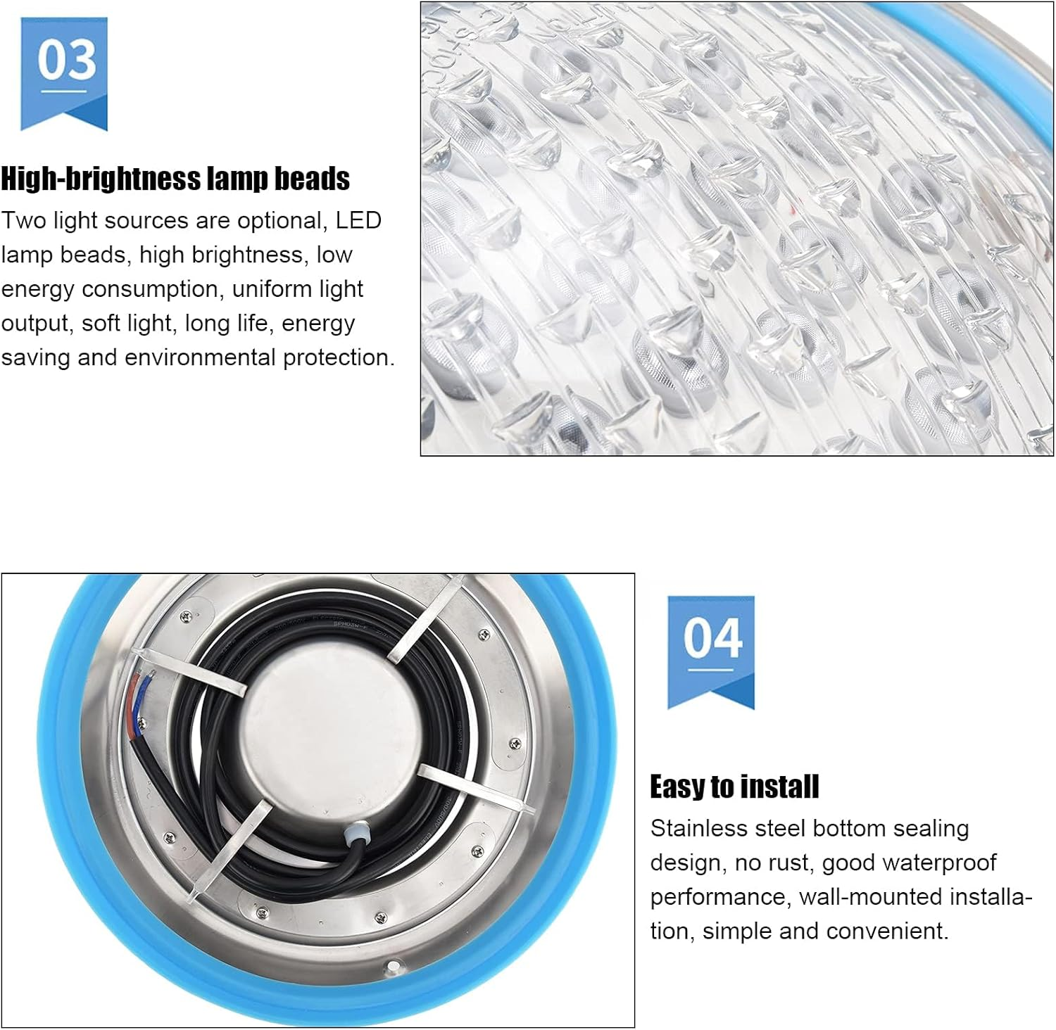 Pool Light Underwater LED Light,Led Swimming Pool Light, Stainless Steel IP68 Waterproof Underwater Wall Lamp for Pool,Swimming Pool Light,Ac12V (54W) image number 4