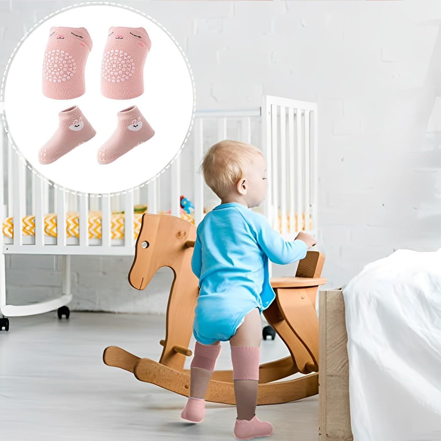 4 Pairs Baby Crawling Knee Pads and Socks Set, Toddler Baby Knee Protectors and Socks for Crawling, Infant Boys Girls with Grips image number 3