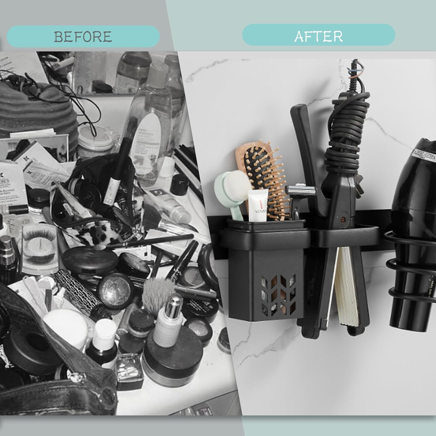 Teaque Hair Dryer Holder, Hair Dryer Holder, Wall No Drilling, Aluminium Hair Dryer Holder with Plug Holder & Storage, Bathroom Organiser for Hotel, Bathroom, Living Room, Barbershop (Black)