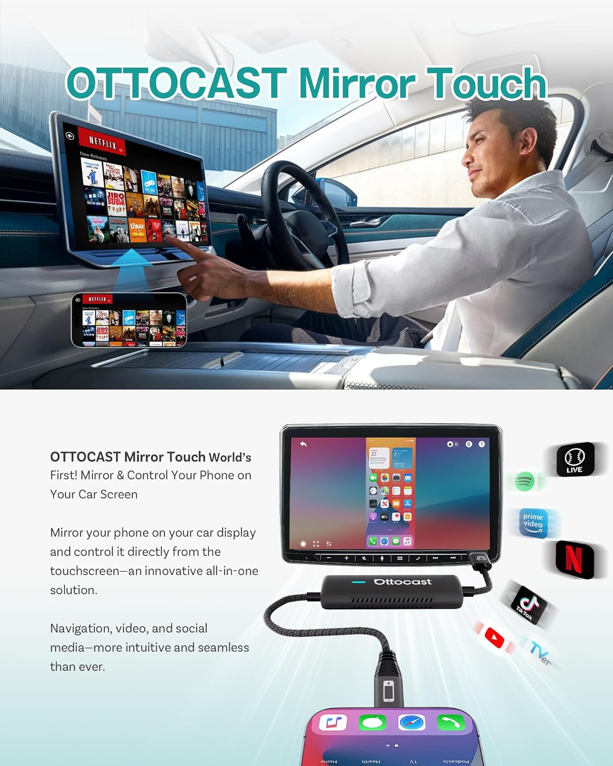 OTTOCAST Mirror Touch Wireless Carplay Adapter - Bi-Directional Phone Mirroring & Dual Mode for Factory Wired Carplay - Seamless Iphone & Android Integration image number 4